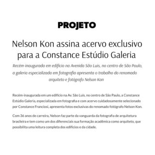 Matéria da Revista Projeto sobre o acervo da galeria assinado por Nelson Kon.

O fotógrafo é um dos mais renomados do país e faz parte da vanguarda da fotografia de arquitetura brasileira. 

Edifícios e lugares emblemáticos na história de São Paulo, como o Copan, a Oca do Ibirapuera, o Aeroporto de Congonhas e o Mube, ganham narrativa própria, em fotografias atemporais, que refletem a técnica impecável unida ao olhar apurado de Kon, e possibilitam a leitura de uma cidade plural, complexa e em constante transformação. 

Acesse a matéria completa no link da bio.

#ConstanceGaleria #NelsonKon